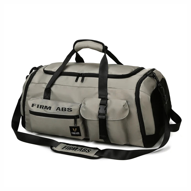 A beige tactical backpack with black accents and a carrying handle.