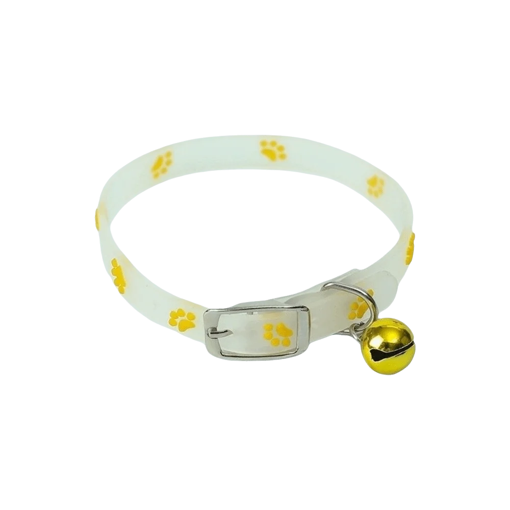 White glow-in-the-dark pet collar for dogs and cats with yellow paw prints