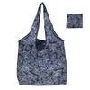 A reusable mesh shopping bag with a dark blue and white leaf pattern shown in multiple views.