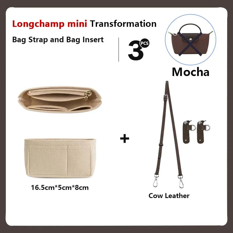 Longchamp mini transformation showing a bag strap and bag insert for a Mocha color bag.