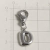 Silver stainless steel alphabet letter charm D with a lobster clasp shown on a ruler.