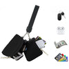 Black dual-zip wristlet wallet with detachable strap and accessories like earbuds and cash