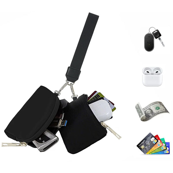 Black dual-zip wristlet wallet with detachable strap and accessories like earbuds and cash