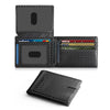 A black slim leather wallet with RFID blocking features shown in two views.