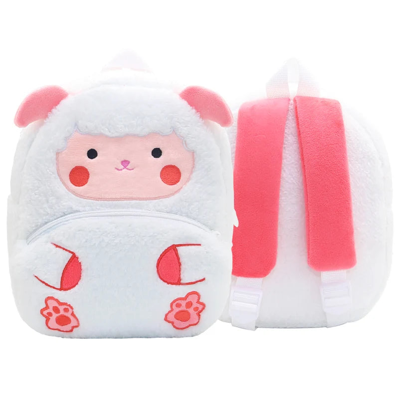 A white cartoon animal plush backpack with pink accents and a pink strap.