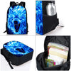 A blue wolf cartoon backpack set featuring a main bag, lunch bag, and pencil case.