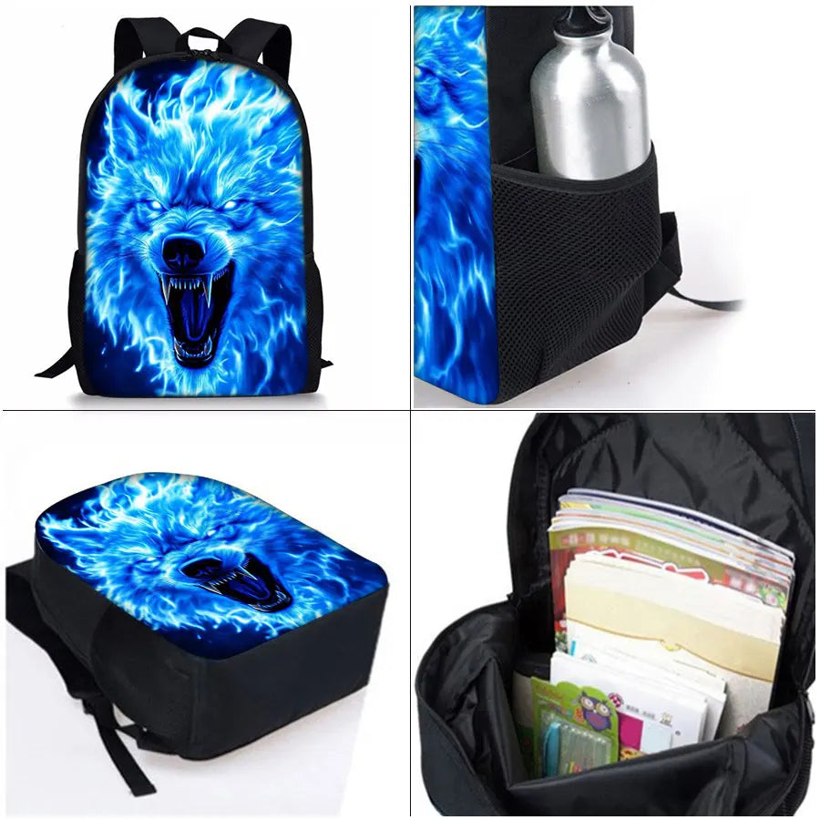 A blue wolf cartoon backpack set featuring a main bag, lunch bag, and pencil case.