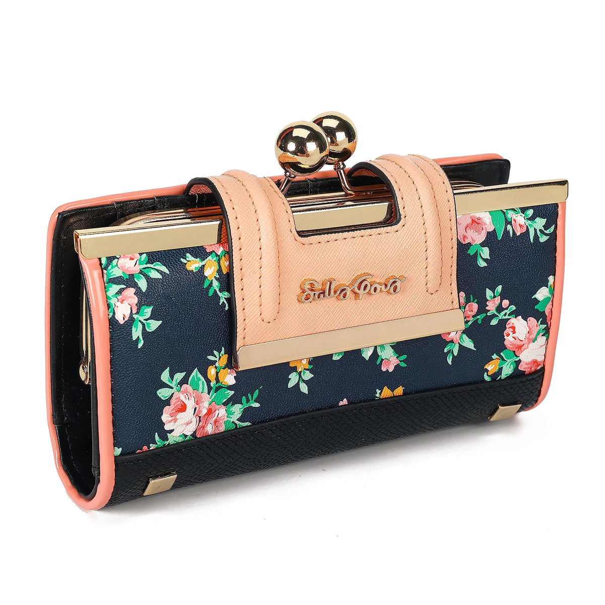 Cartera de mujer con estampado floral azul oscuro y cubierta de cuero rosa claro y herrajes dorados.