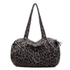 A leopard print canvas tote bag with an adjustable shoulder strap in gray and black patterns.