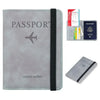 A gray leather passport wallet with a black strap and an airplane design, next to a passport holder.