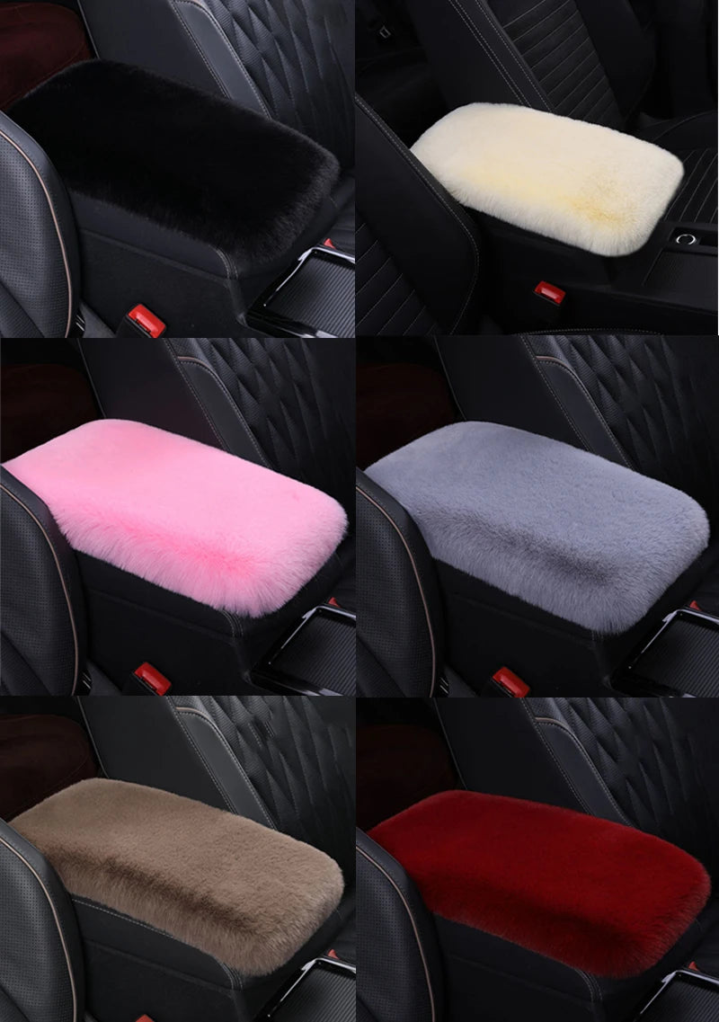 A set of plush car armrest cushions in various colors including black, cream, pink, gray, and red.