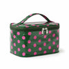 Bolsa de almacenamiento cosmético verde con lunares rosas y cremallera negra.
