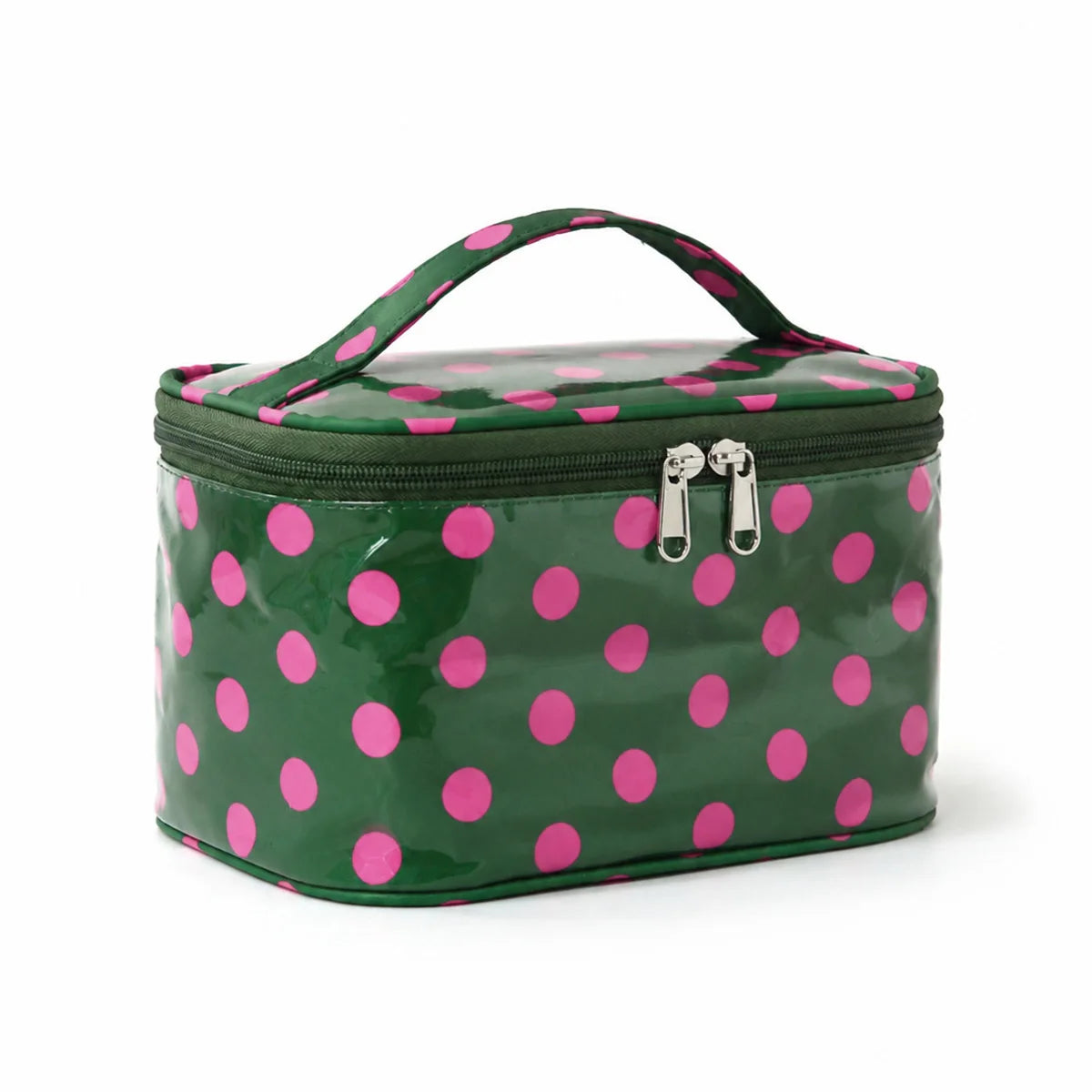Bolsa de almacenamiento cosmético verde con lunares rosas y cremallera negra.