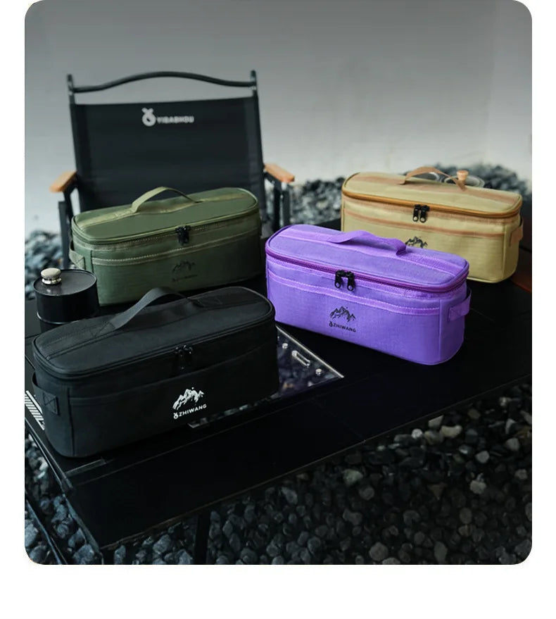 A collection of portable storage cases in olive green, beige, and purple are displayed on a dark surface.