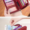 A maroon women's PU leather zipper wallet shown in various display angles and usage contexts.