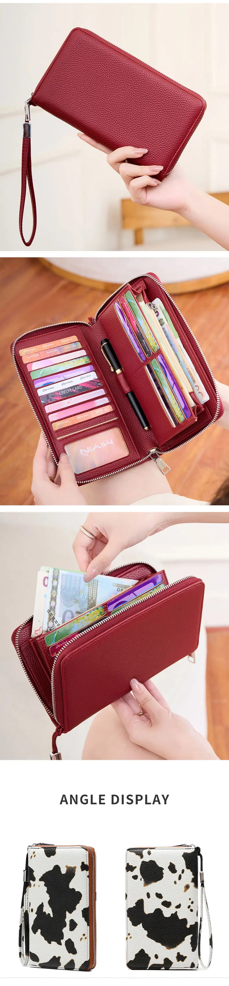 A maroon women's PU leather zipper wallet shown in various display angles and usage contexts.