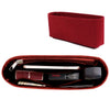 A deep red felt purse organizer insert with a zippered compartment and slots for cards and other small items.