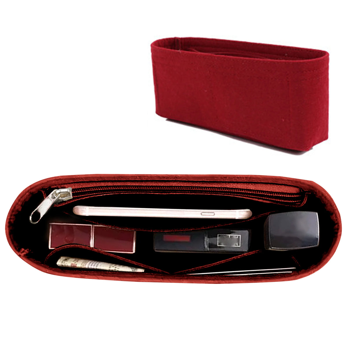 A deep red felt purse organizer insert with a zippered compartment and slots for cards and other small items.