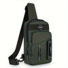 A dark olive green adjustable crossbody sling bag with a padded strap and multiple zippered compartments.