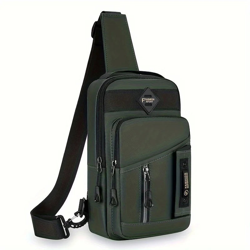 A dark olive green adjustable crossbody sling bag with a padded strap and multiple zippered compartments.