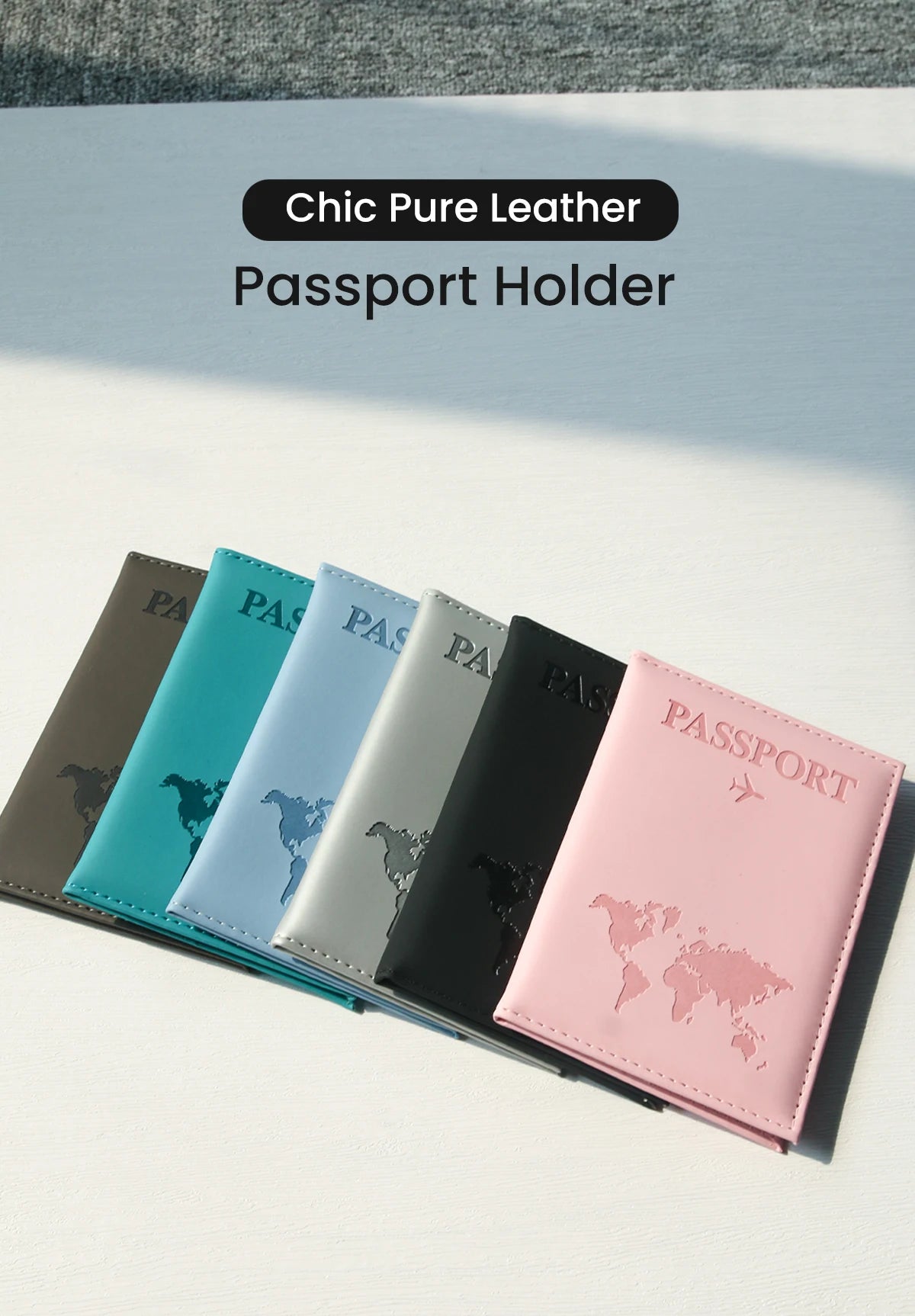 A collection of slim PU leather passport holders in various pastel and dark colors displayed on a white surface.