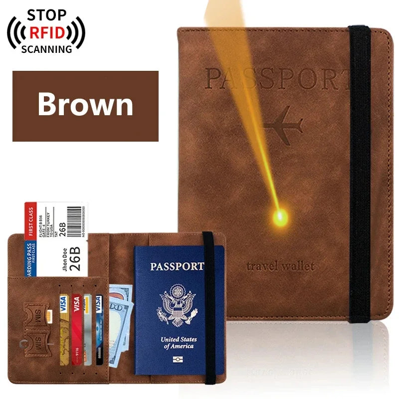 Brown elegant PU leather passport holder wallet with RFID scanning protection