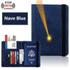 Navy blue RFID scanning passport wallet with a gold laser beam highlighting the passport inside