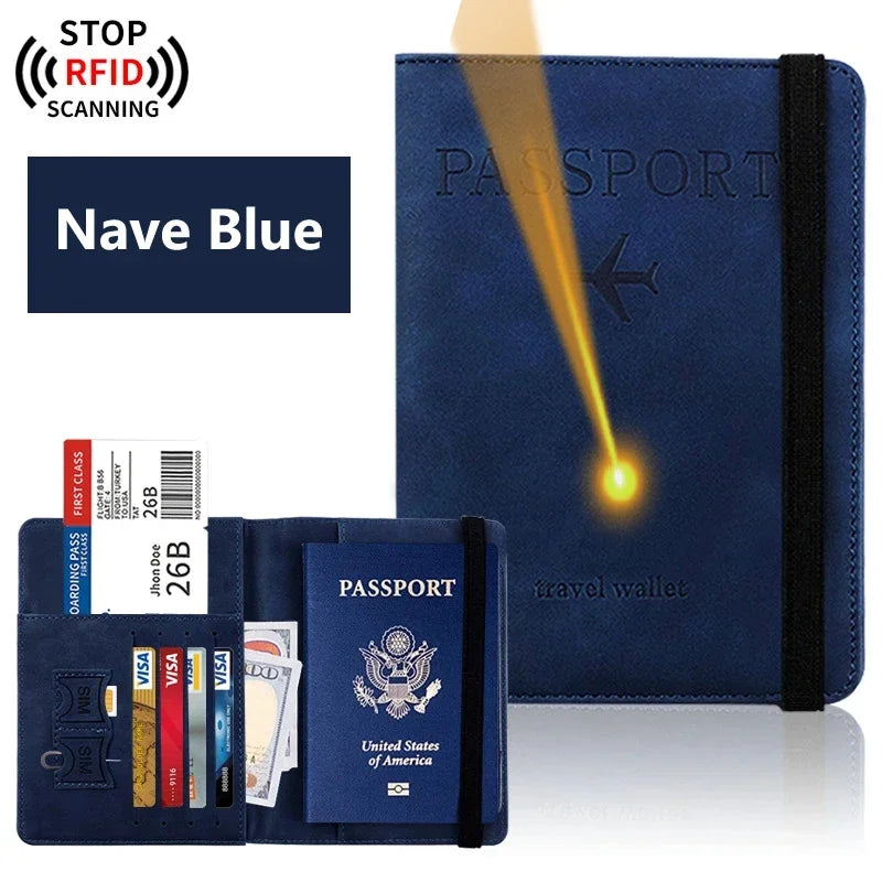 Navy blue RFID scanning passport wallet with a gold laser beam highlighting the passport inside