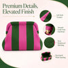 A pink and green striped knit clutch bag featuring soft texture, gold-tone hardware, and reinforced stitching.