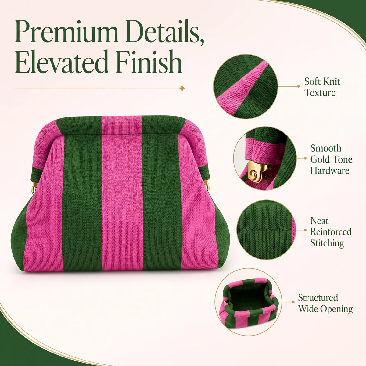 A pink and green striped knit clutch bag featuring soft texture, gold-tone hardware, and reinforced stitching.