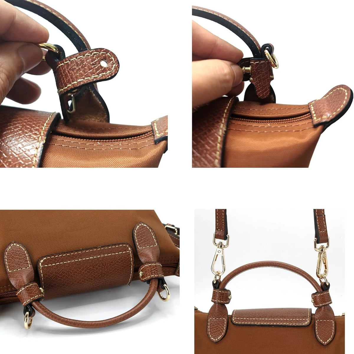 Vista cercana de un kit de correa de cuero marrón para bolsos mini, mostrando el mecanismo de sujeción.