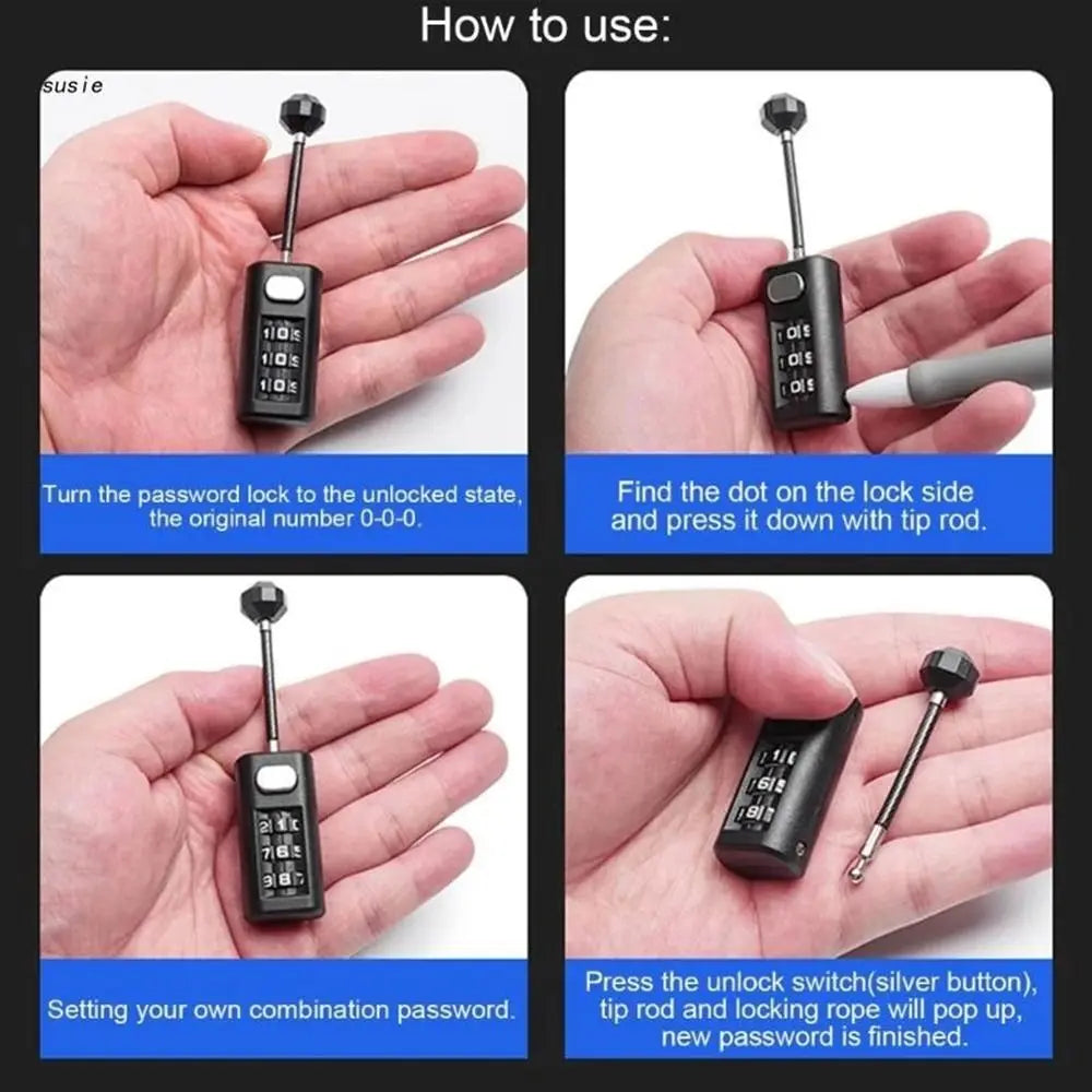 Instructions show how to use a resettable 3-digit combination padlock by turning the password lock to an unlocked state.