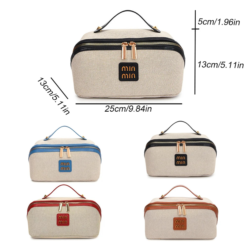 A set of three large capacity travel toiletry bags in beige, blue, and red colors.
