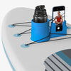 A blue multi-functional kayak drink holder and phone stand with a black bottle and a smartphone displayed.