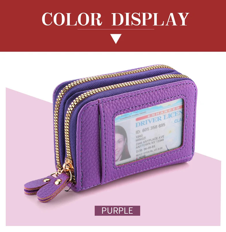 Purple multi-slot PU leather card and ID wallet with gold zipper detail