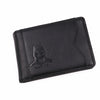 Cartera delgada de cuero negro con logo de Batman grabado en la parte frontal