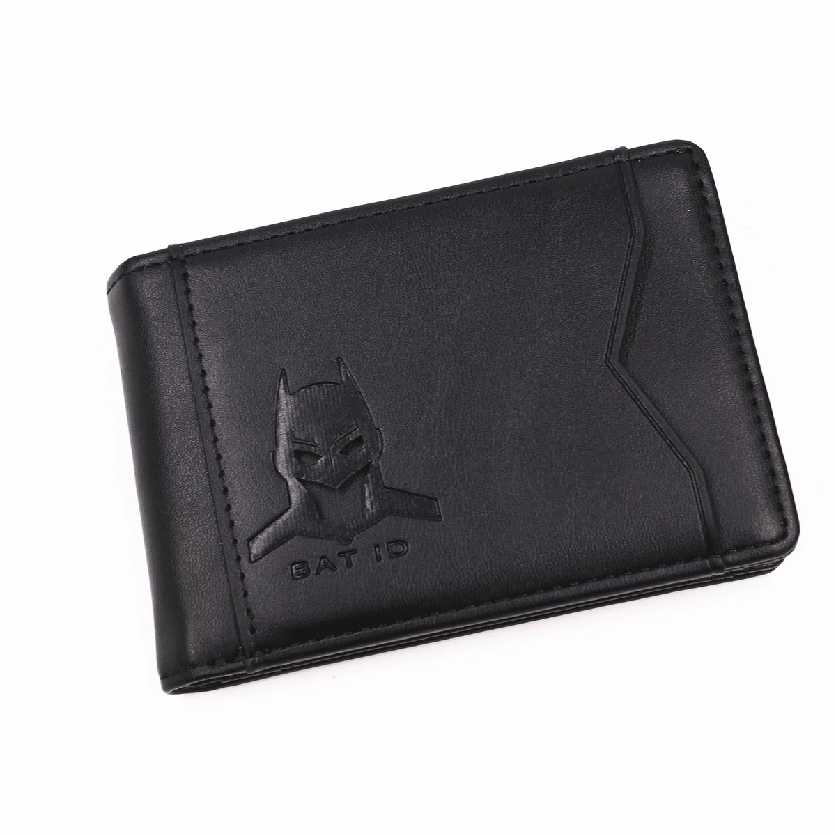 Cartera delgada de cuero negro con logo de Batman grabado en la parte frontal