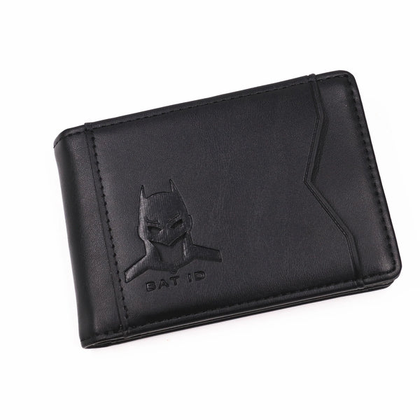 Black slim leather wallet with a Batman logo embossed on the front