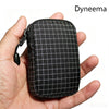 Une pochette utilitaire noire Dyneema à motif à carreaux est tenue dans une main.