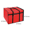 A red insulated non-woven pizza delivery bag with black straps and dimensions labeled.