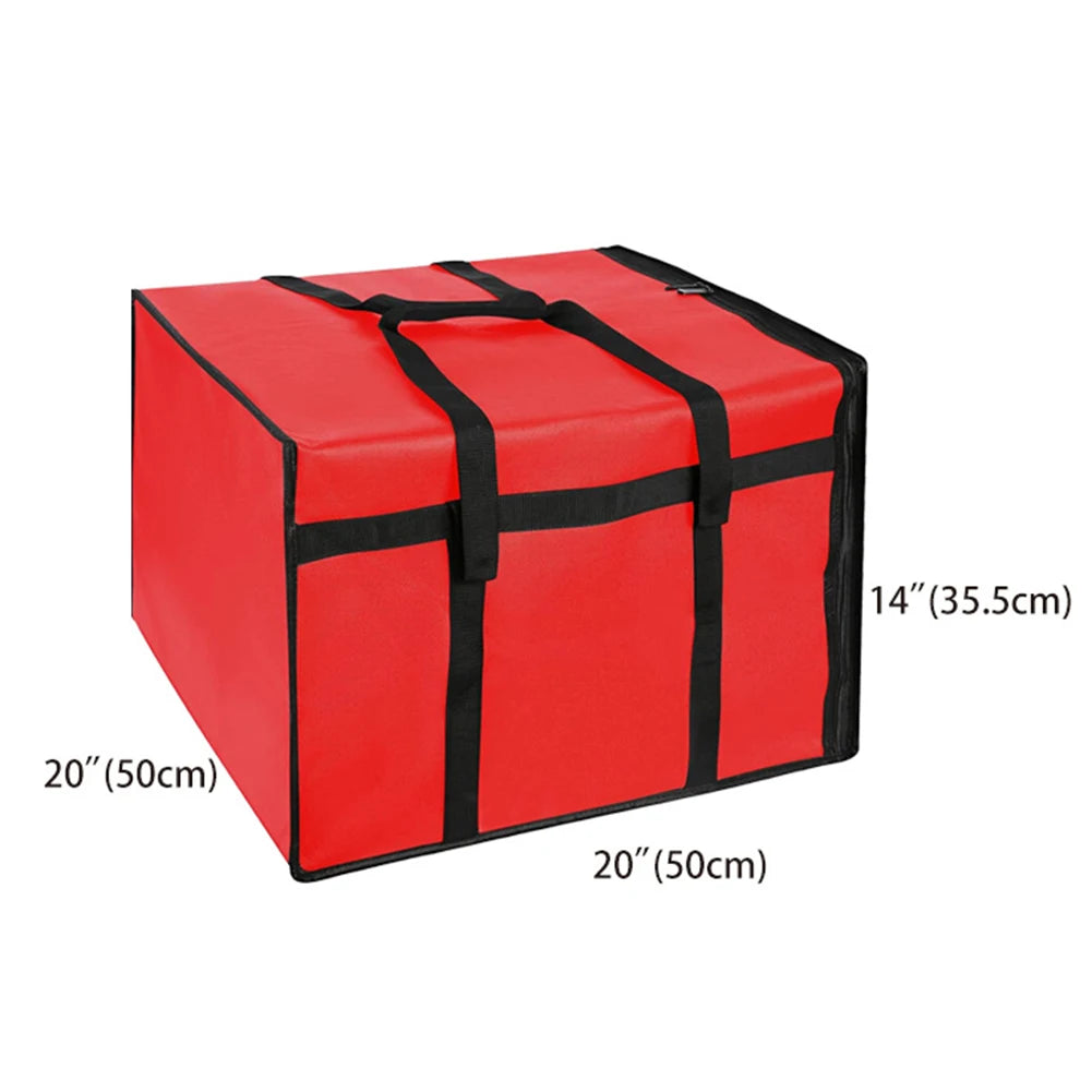 A red insulated non-woven pizza delivery bag with black straps and dimensions labeled.
