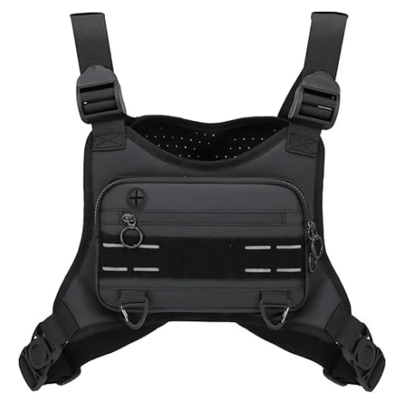 Black ultralight tactical chest bag with reflective strips and adjustable straps