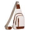 A beige PU leather crossbody sling bag with a brown strap and tan accents.