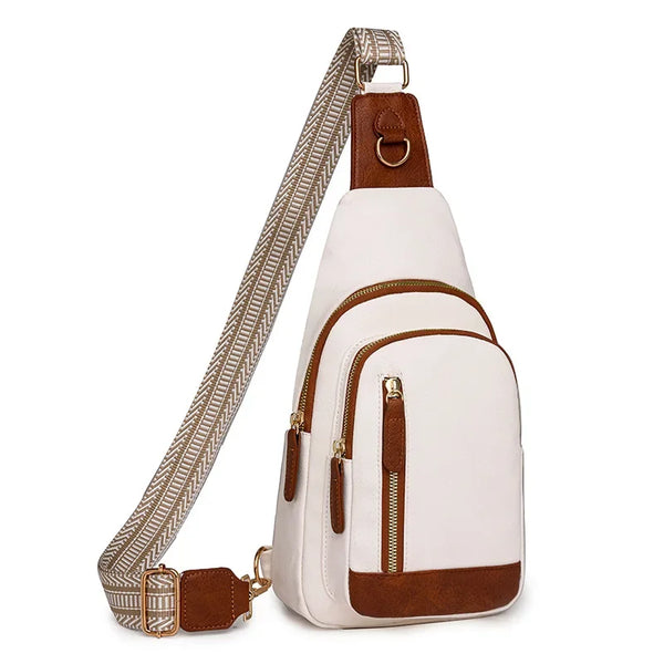 A beige PU leather crossbody sling bag with a brown strap and tan accents.