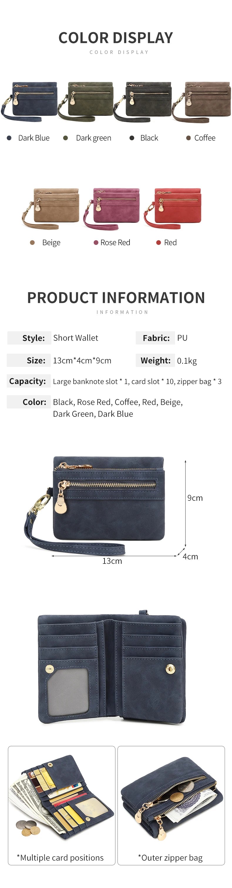 A collection of retro PU leather wallets in various colors including blue, green, black, and coffee tones.