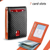 A black RFID carbon fiber men's wallet with seven card slots shown in various angles.
