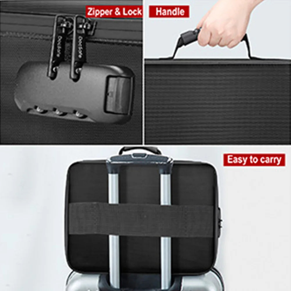 A black fireproof multi-layer document organizer box shown with a zipper and handle, and a carrying case.