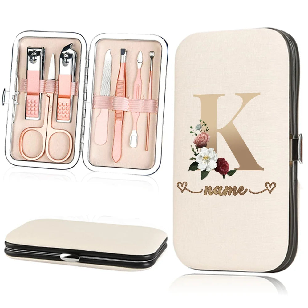 A beige cosmetic case holding a stainless steel nail clipper set with scissors and tweezers.