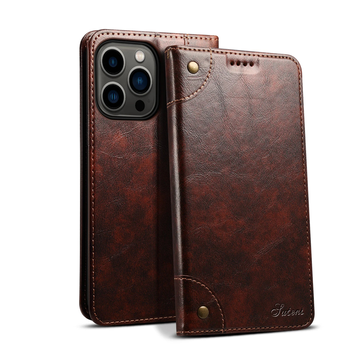 A dark brown magnetic leather flip case with a card holder and multiple camera lenses.