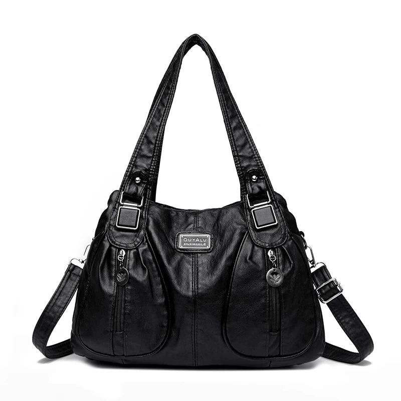 Schwarze Vintage-Soft-PU-Leder-Rucksack mit langer Tragegurt